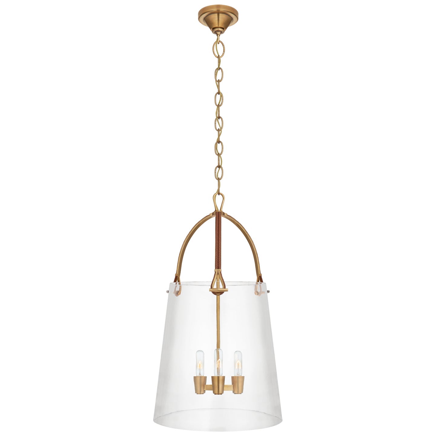 Product photo of the Julian Three Light Lantern in Natural Brass and Saddle Leather ( SKU# RL 5653NB/SDL-CG )