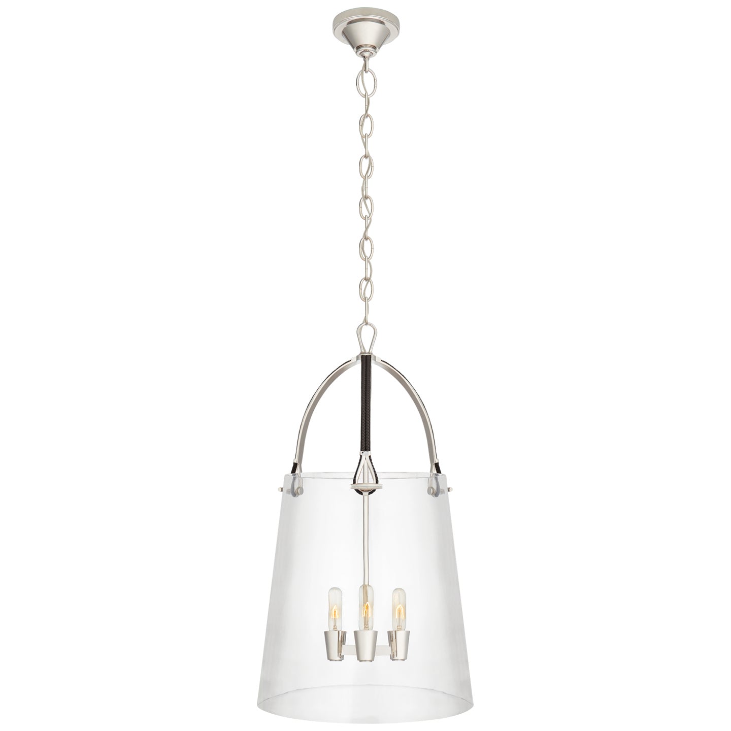 Product photo of the Julian Three Light Lantern in Polished Nickel and Chocolate Leather ( SKU# RL 5653PN/CHC-CG )