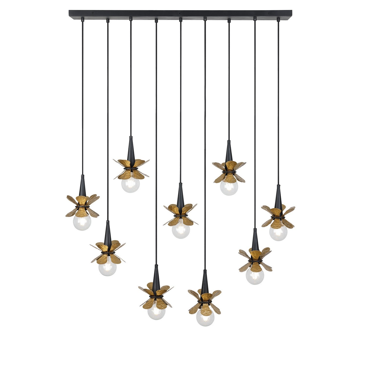 Product photo of the Portinatx Nine Light Linear Chandelier in Satin Black w/Hammered Gold ( SKU# 1-2185-9-103 )
