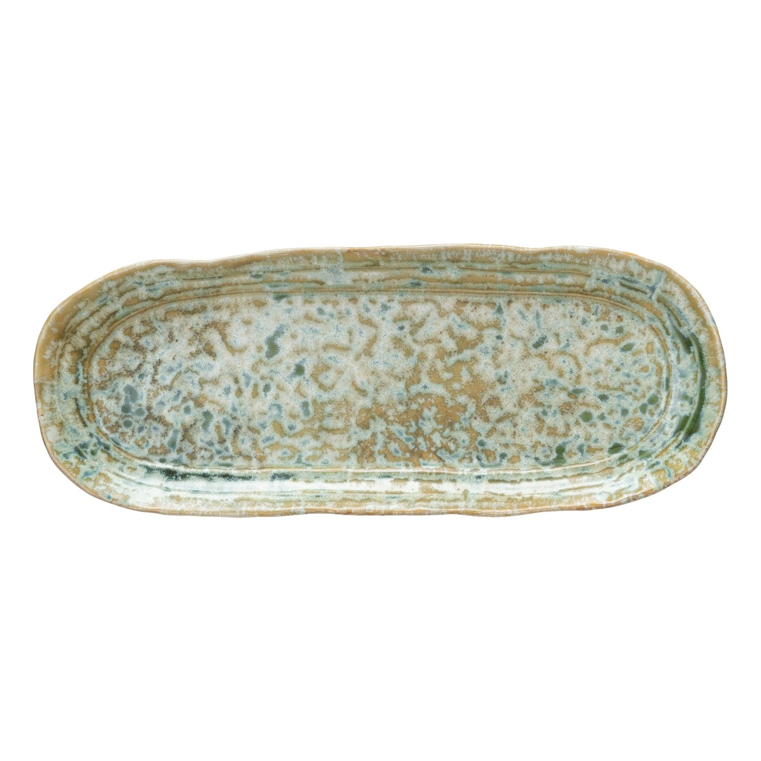 Oval ceramic tray with a textured surface on a white background