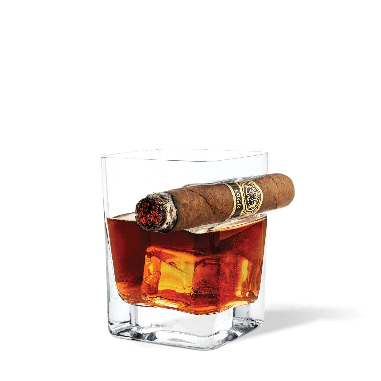 Glass of whiskey with a cigar on a white background