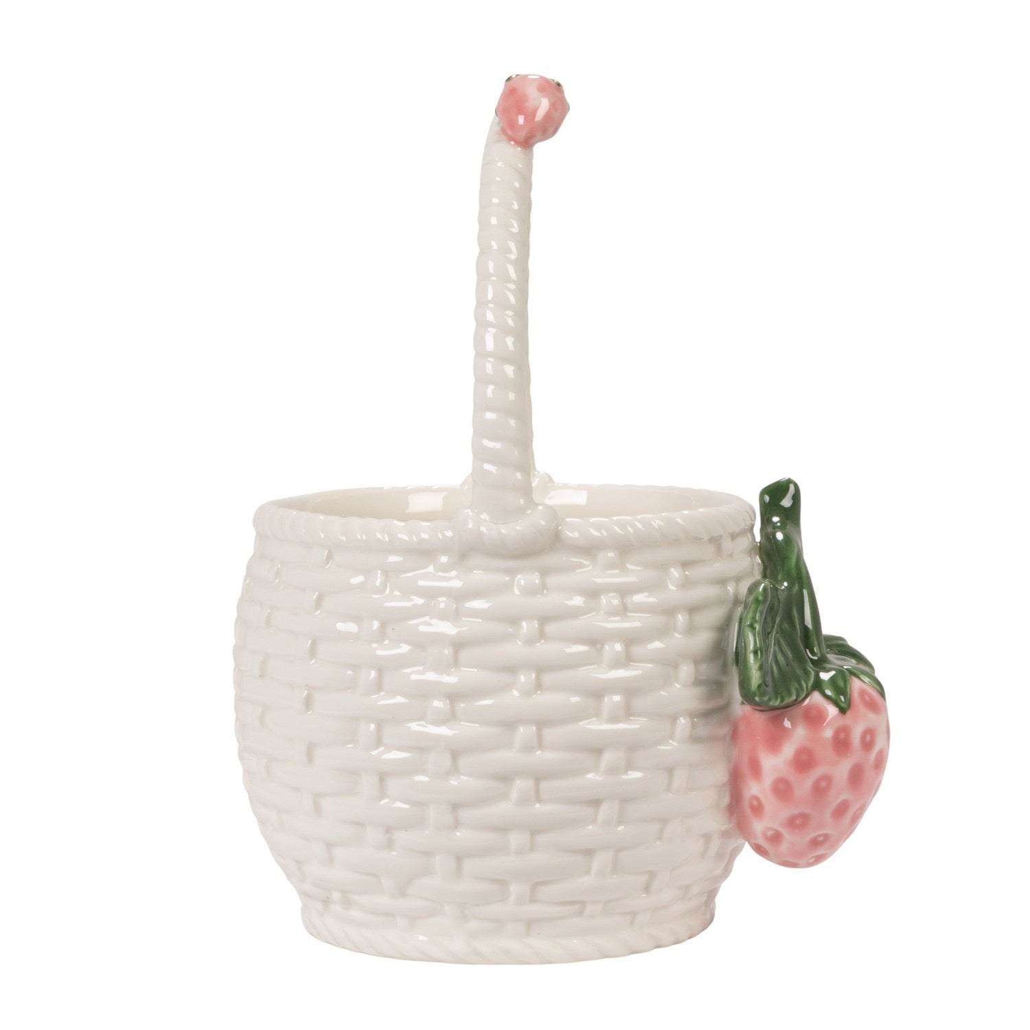 White woven basket with a strawberry-shaped handle on a white background