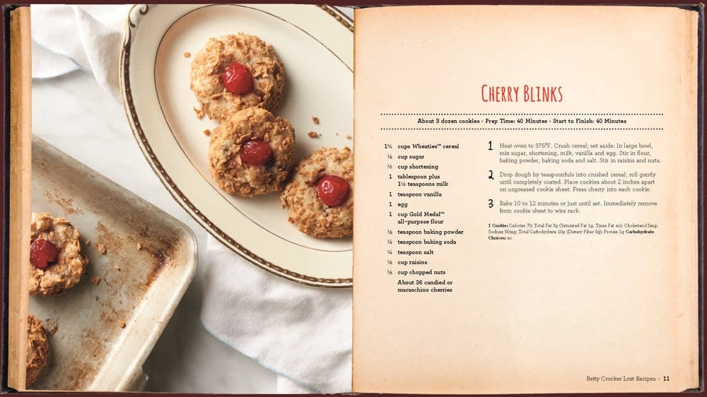 Cookbook page with cherry cookies and a recipe for Cherry Blinks