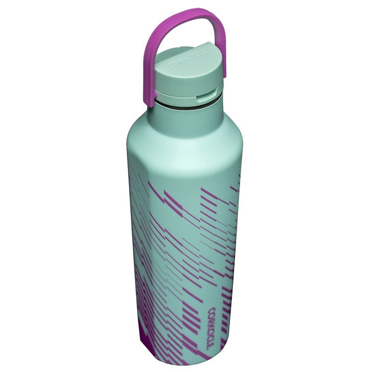 Turquoise water bottle with purple handle and lid on a white background