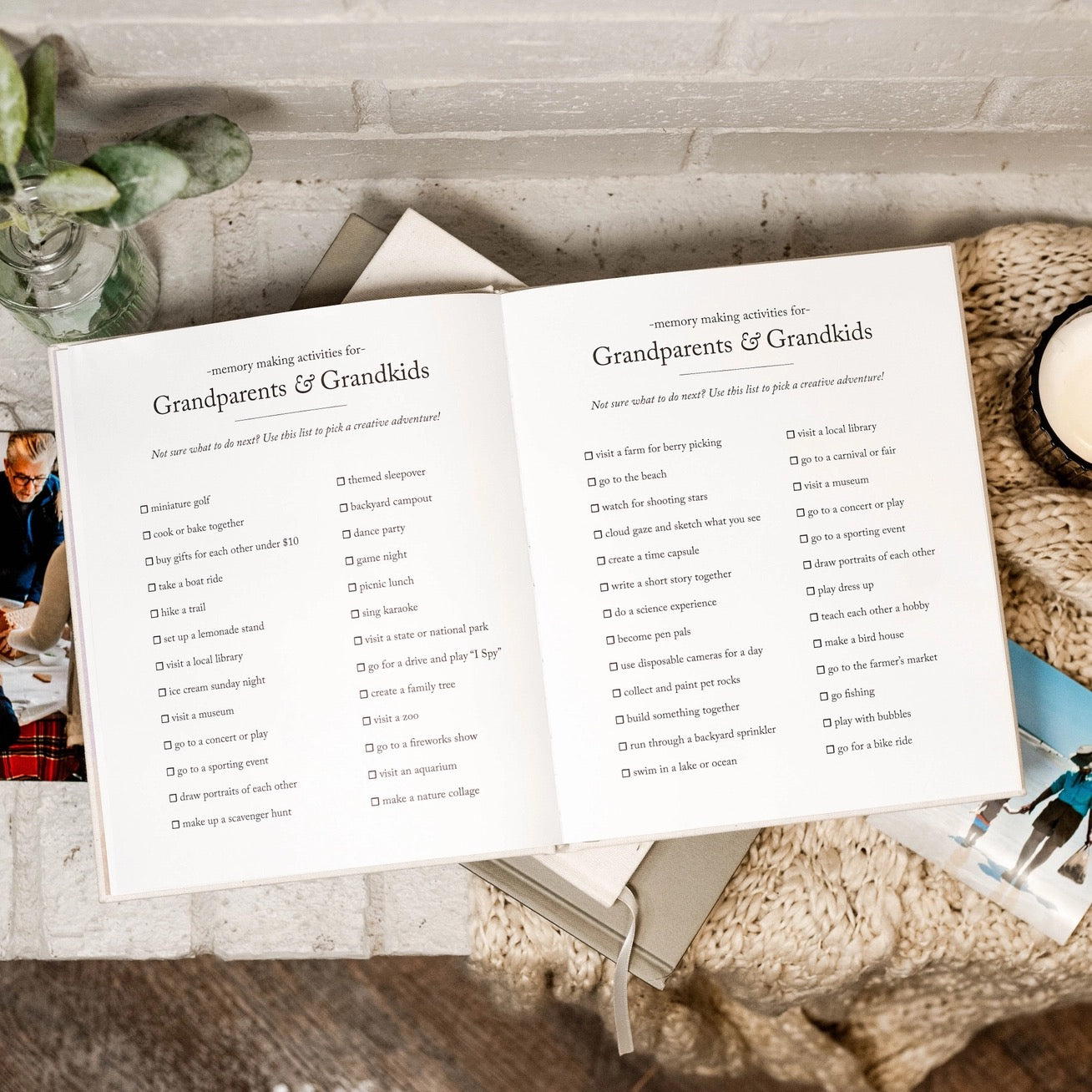 Open book with a list titled 'Grandparents & Grandkids' on a wooden surface.