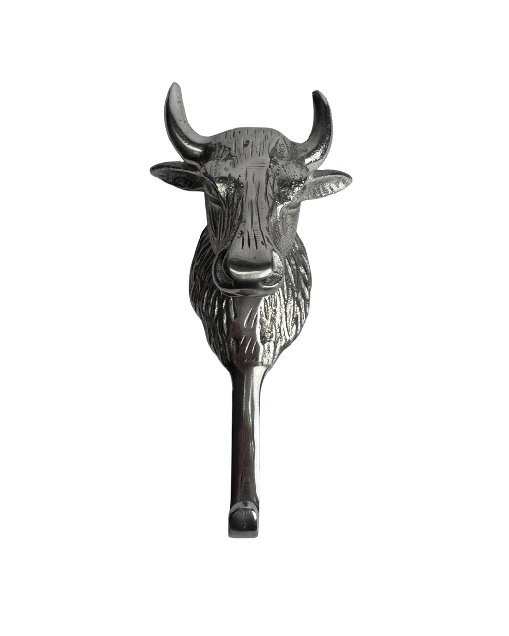 Metallic bull head wall hook on a white background