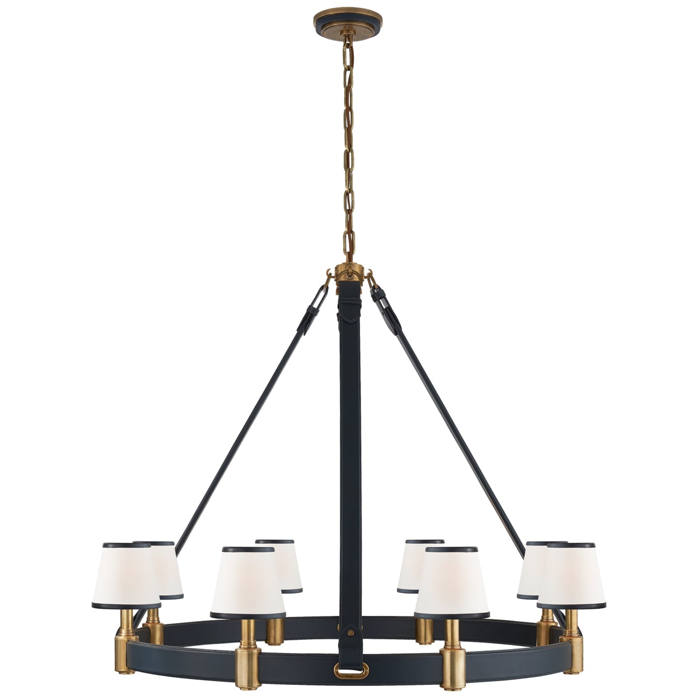 Product photo of the Riley Eight Light Chandelier in Natural Brass and Navy Leather ( SKU# RL 5612NB/NVY-L )