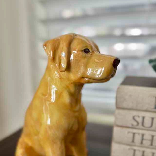 Ceramic dog figurine sitting on a surface with a blurred background