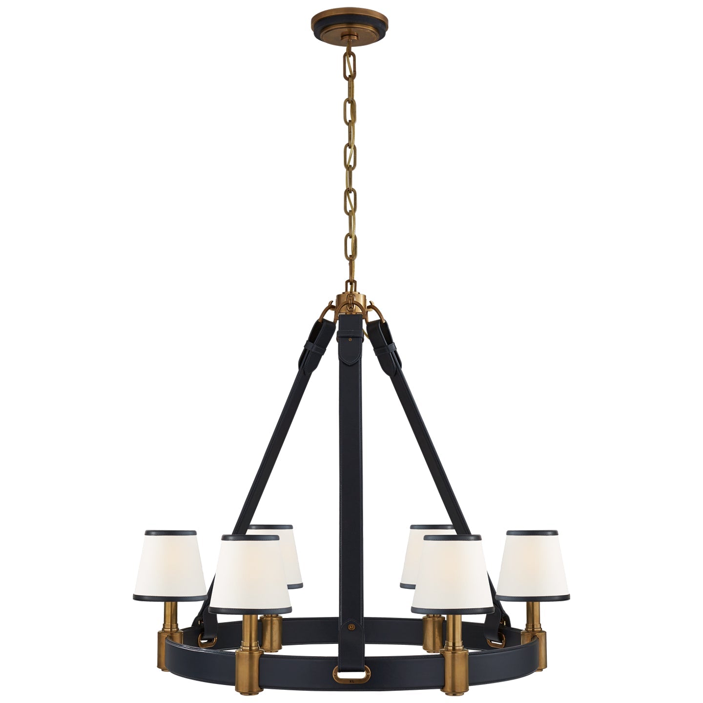 Product photo of the Riley Six Light Chandelier in Natural Brass and Navy Leather ( SKU# RL 5610NB/NVY-L )