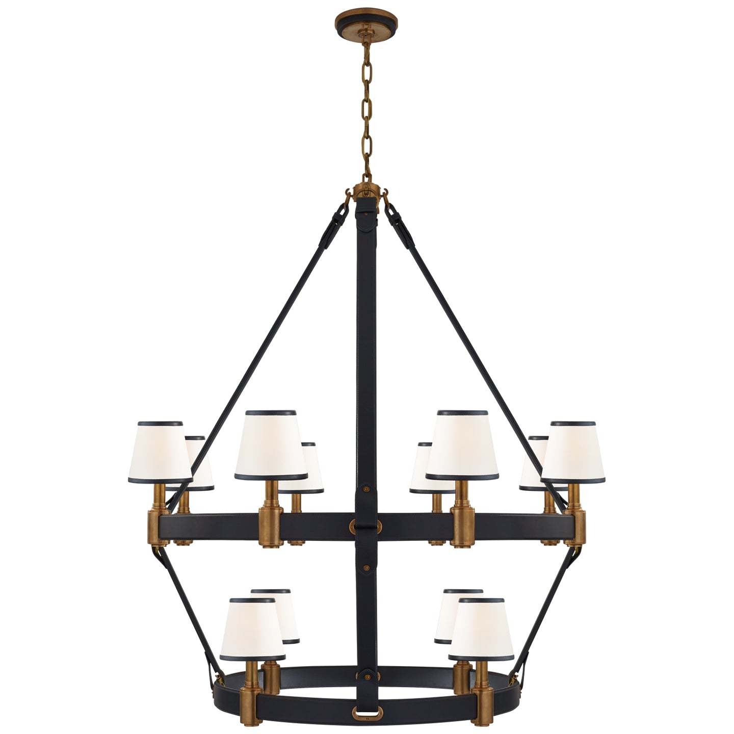 Product photo of the Riley 12 Light Chandelier in Natural Brass and Navy Leather ( SKU# RL 5614NB/NVY-L )
