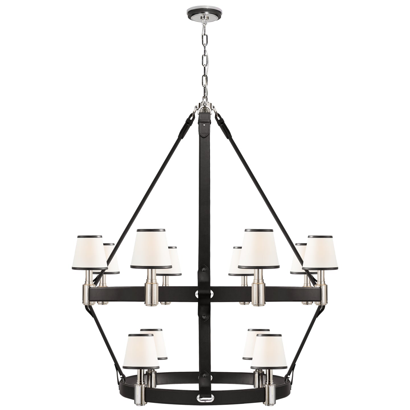 Product photo of the Riley 12 Light Chandelier in Polished Nickel and Chocolate Leather ( SKU# RL 5614PN/CHC-L )