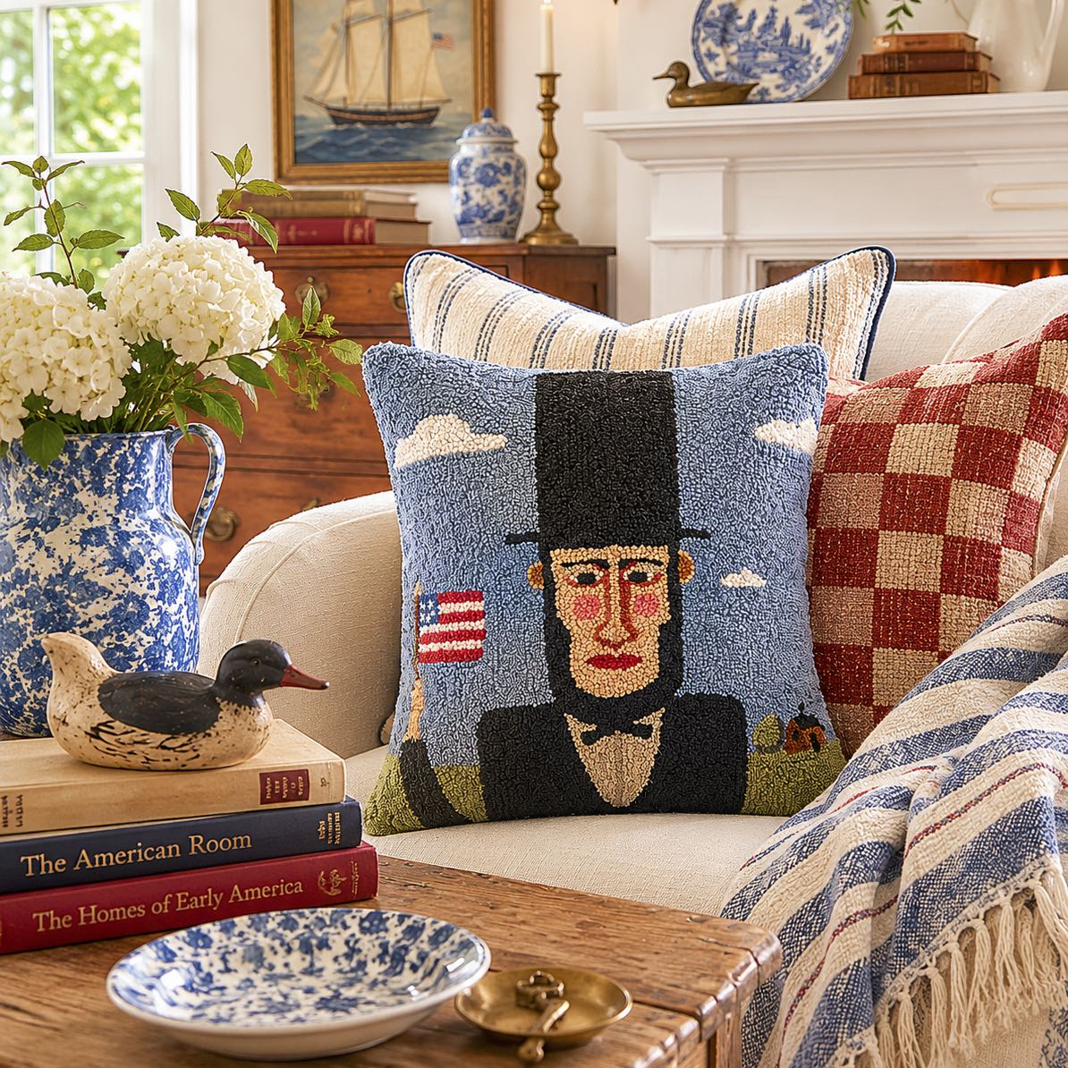 Decorative pillows on a couch with a floral arrangement and books in a living room setting.