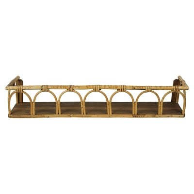 A natural bamboo wall shelf with a rustic design, featuring a single tiered wooden base and an arched bamboo frame, shown against a plain white background.