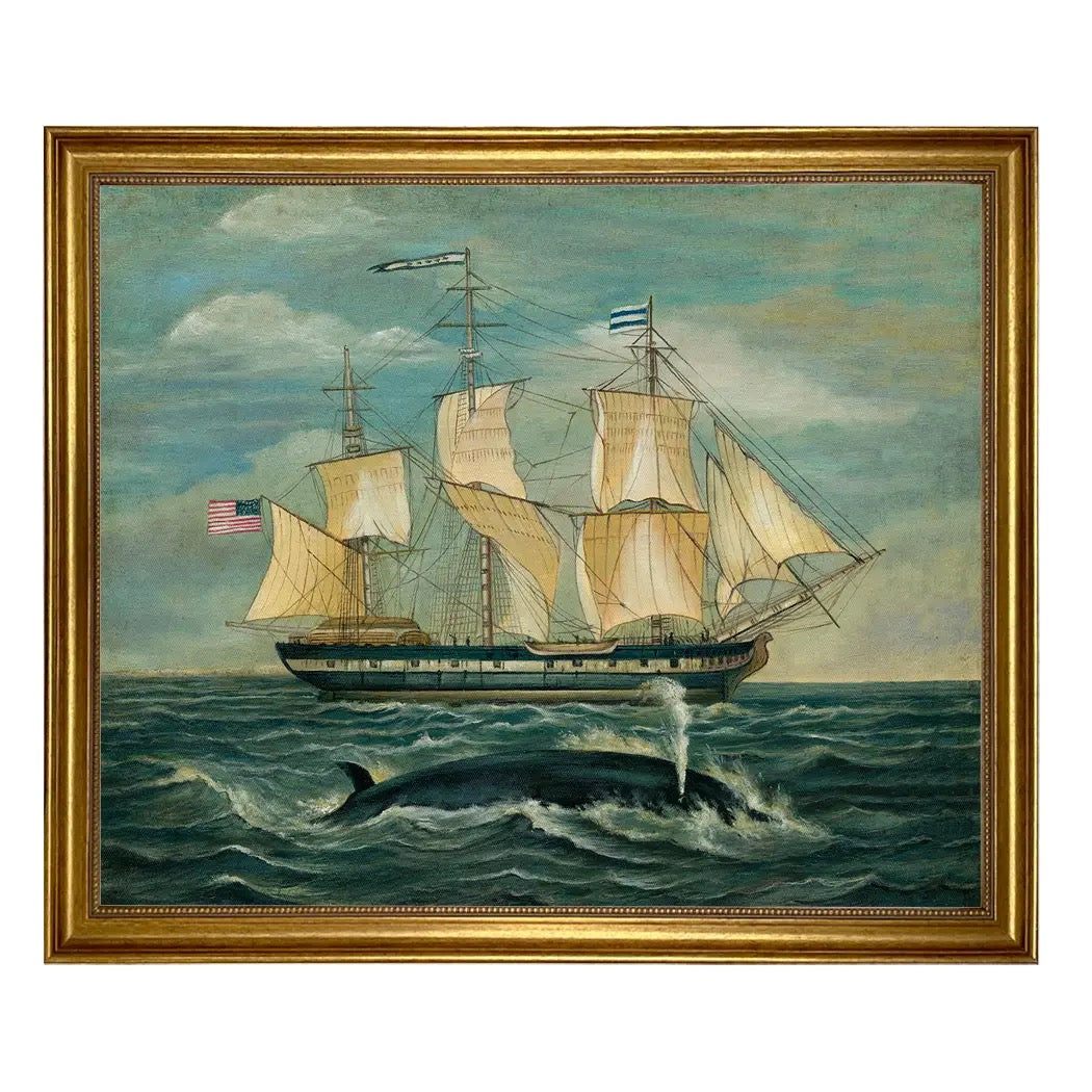 Framed painting of a ship on the ocean with a whale in the foreground.