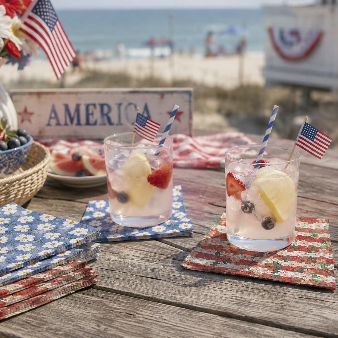 Two glasses of lemonade with fruit and American flags on a wooden table by the beach.