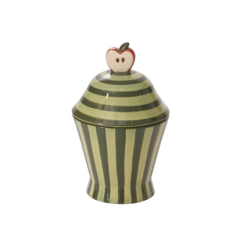 Striped cookie jar with an apple-shaped lid on a white background