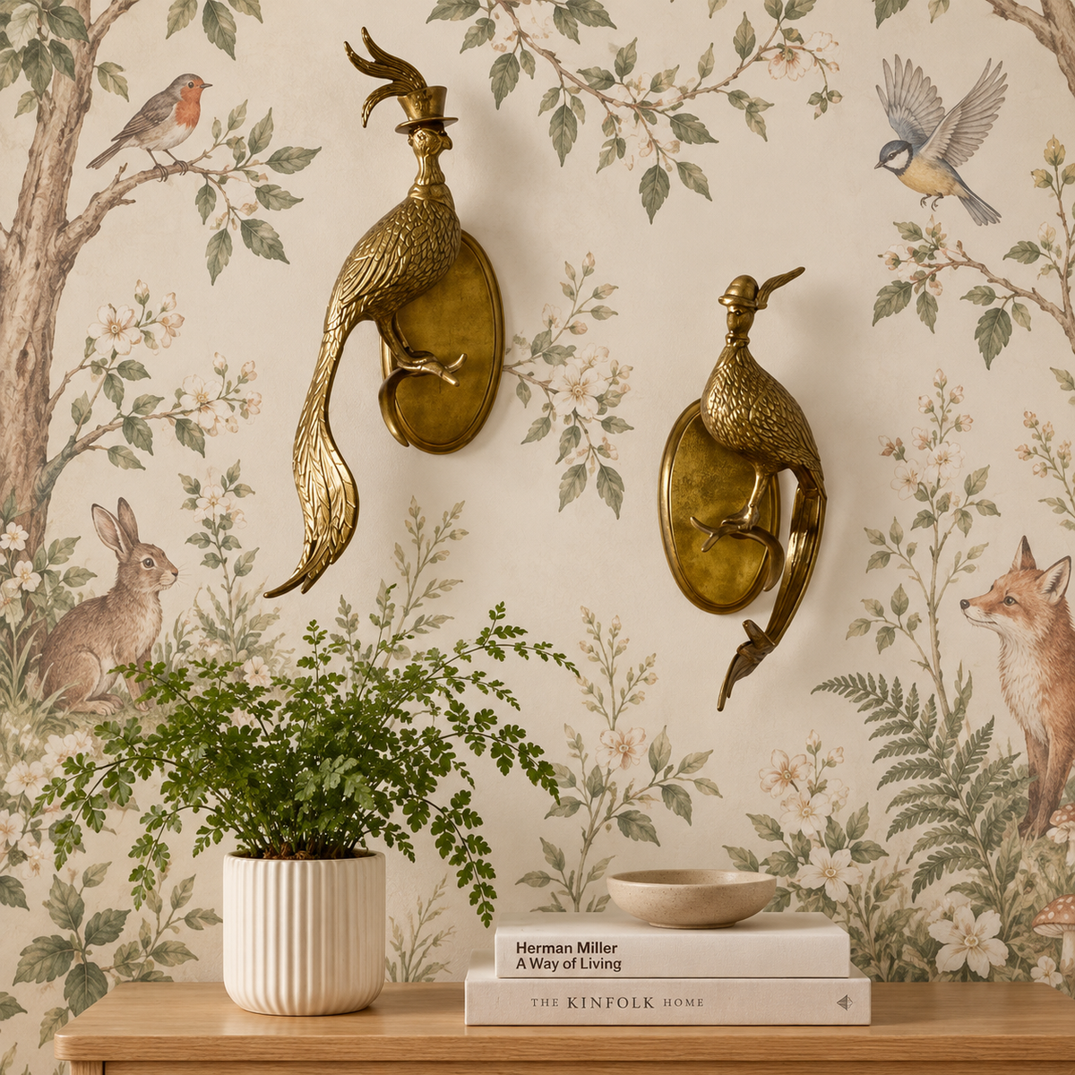 Two ornate gold-toned metal rooster wall mounts with oval backplates, displayed on a cream floral wallpapered wall above a wooden console table with a potted fern and books.
