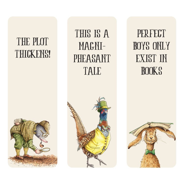 Three book bookmarks with humorous text and illustrations on a white background