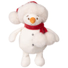 Plush snowman toy with a red scarf, hat, and carrot nose on a white background