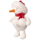 Plush snowman toy with a red scarf on a white background