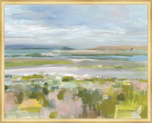 An impressionistic landscape painting of a coastal marsh or estuary, featuring green and yellow foreground vegetation, blue water, and a cloudy sky, enclosed in a light wood frame.
