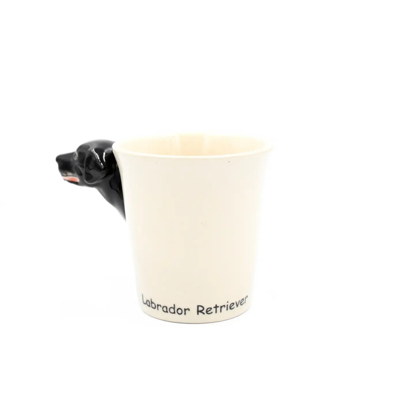 Mug with a black dog-shaped handle on a white background