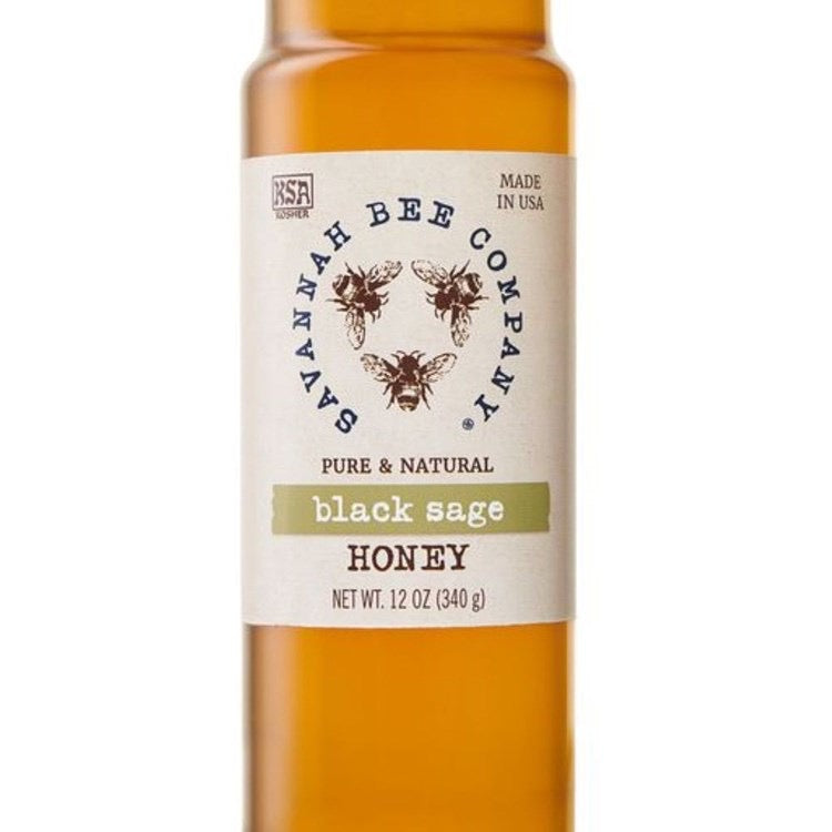 Savannah Bee Company black sage honey bottle on a white background