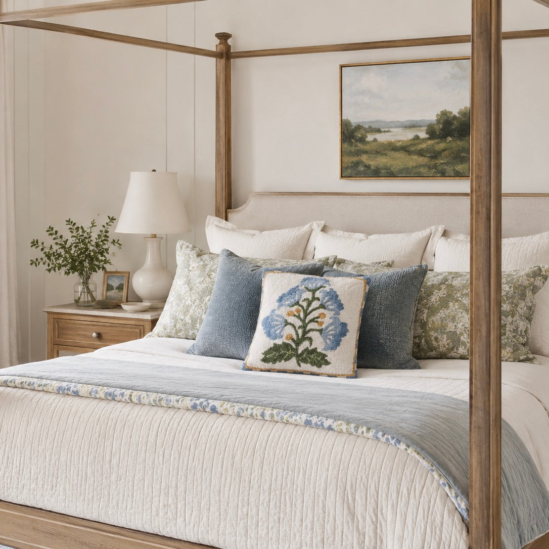 Neatly made bed with decorative pillows and a lamp in a bedroom setting.