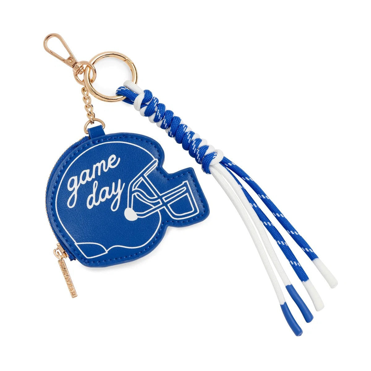 Blue helmet-shaped keychain with 'game day' text and tassels on a white background