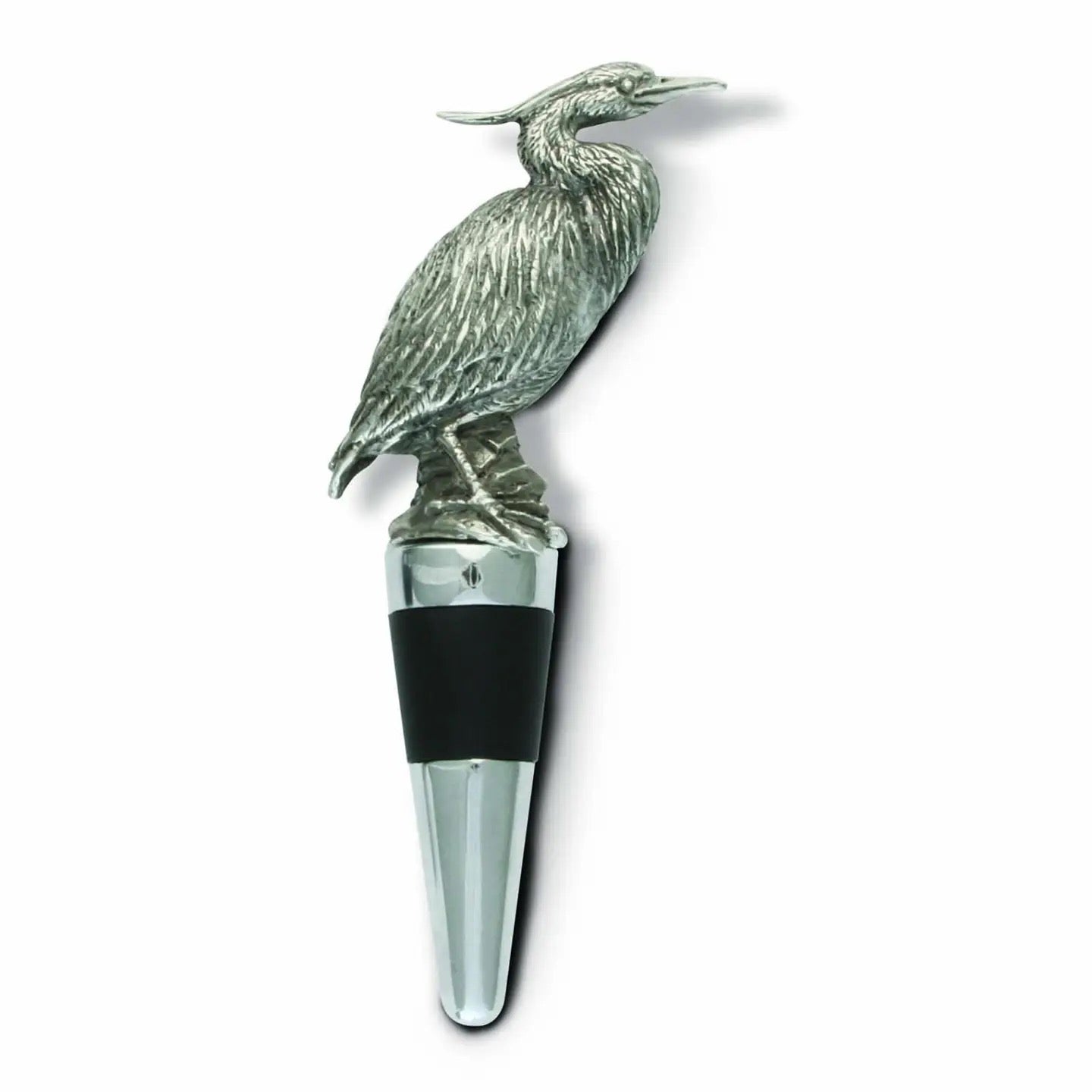 Silver bird-shaped bottle stopper on a white background