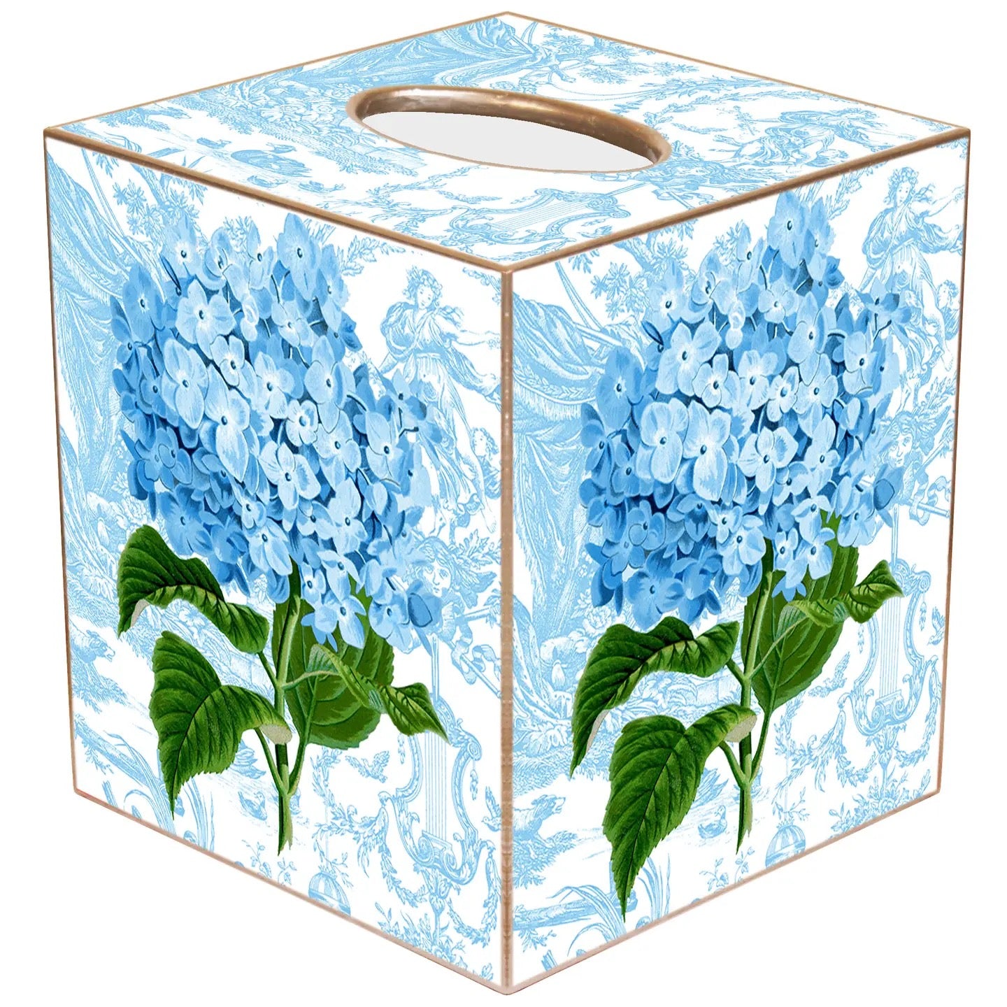 Tissue box cover with blue floral design on a white background