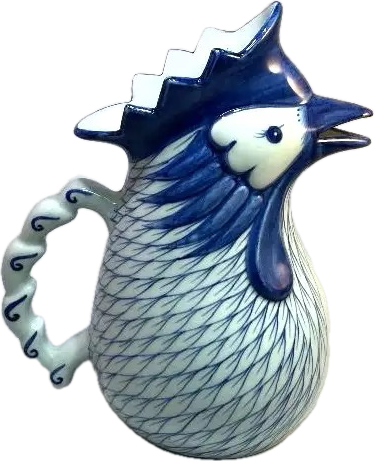 Ceramic rooster with blue and white design on a white background