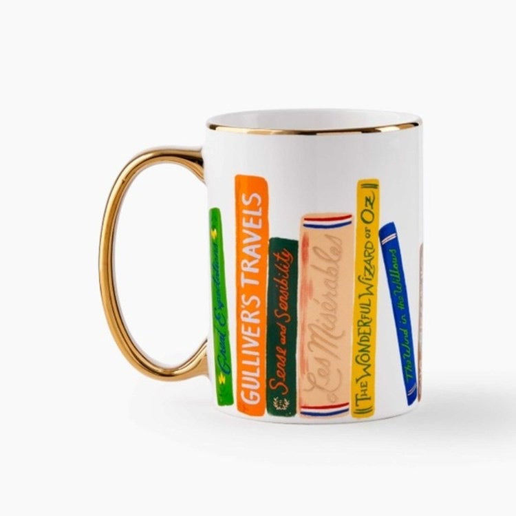 Mug with book spines design on a white background