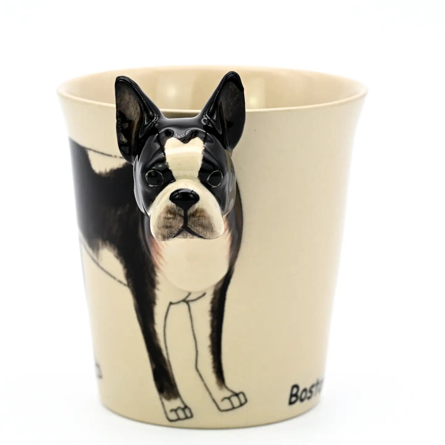 Ceramic mug with a Boston Terrier design on a white background