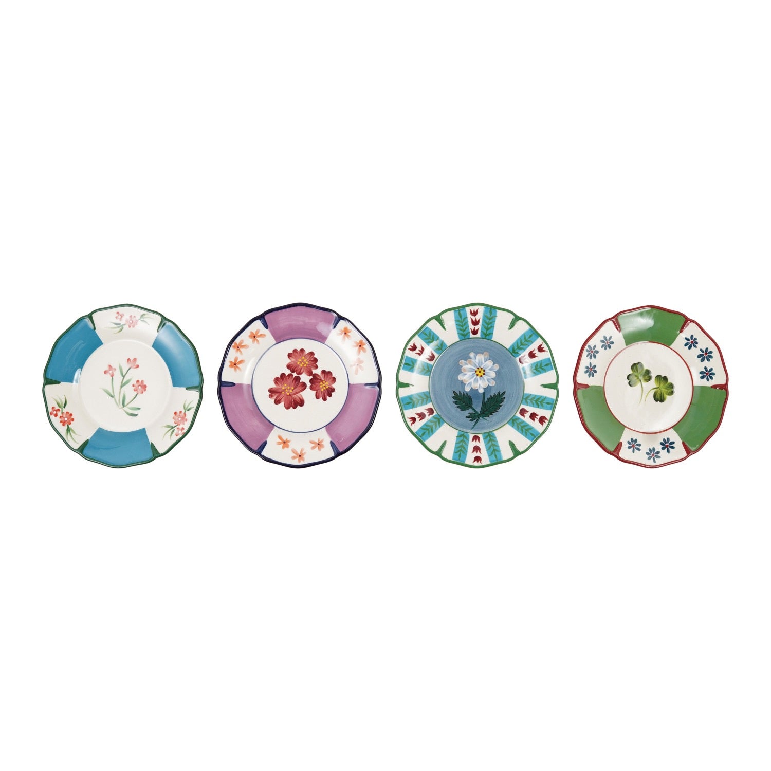 Four decorative ceramic plates with floral and botanical patterns, arranged in a row against a plain white background.