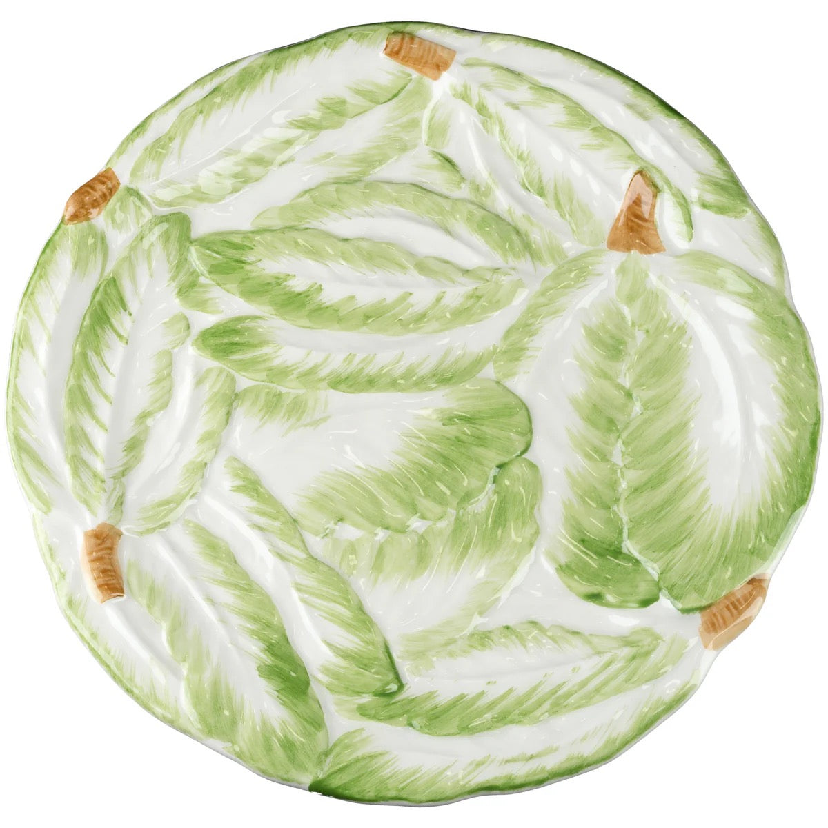 Round ceramic plate with green leaf pattern on a white background