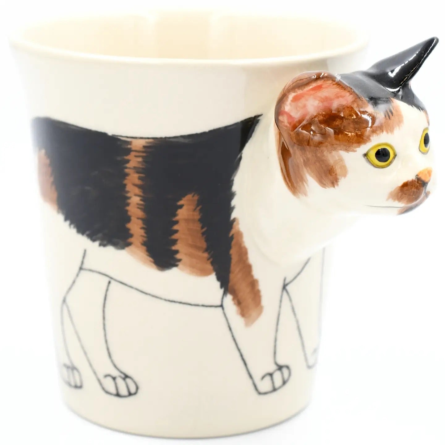 Cat-shaped mug with a calico cat design on a white background