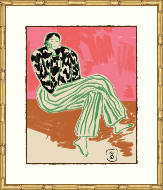 A framed art print featuring a stylized illustration of a seated person in a black-and-white patterned top and green striped pants against a pink and brown background, enclosed in a white mat and ornate gold frame.