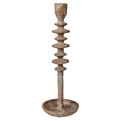 A rustic, multi-tiered metal candlestick holder with a distressed bronze and brown finish, set against a plain white background.