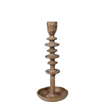 A rustic, multi-tiered wooden candlestick holder with a distressed finish, featuring a round base and a cup-shaped top, shown against a plain white background.
