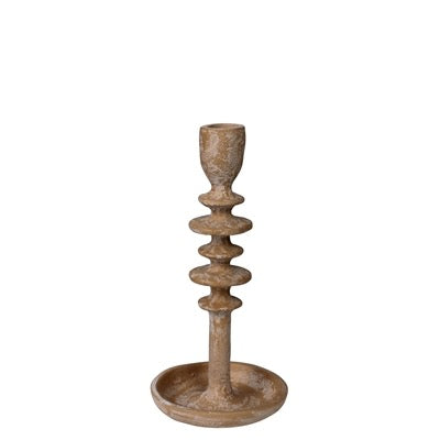 A rustic, multi-tiered candlestick holder with a shallow saucer base, finished in a distressed brown and beige textured finish, shown against a plain white background.