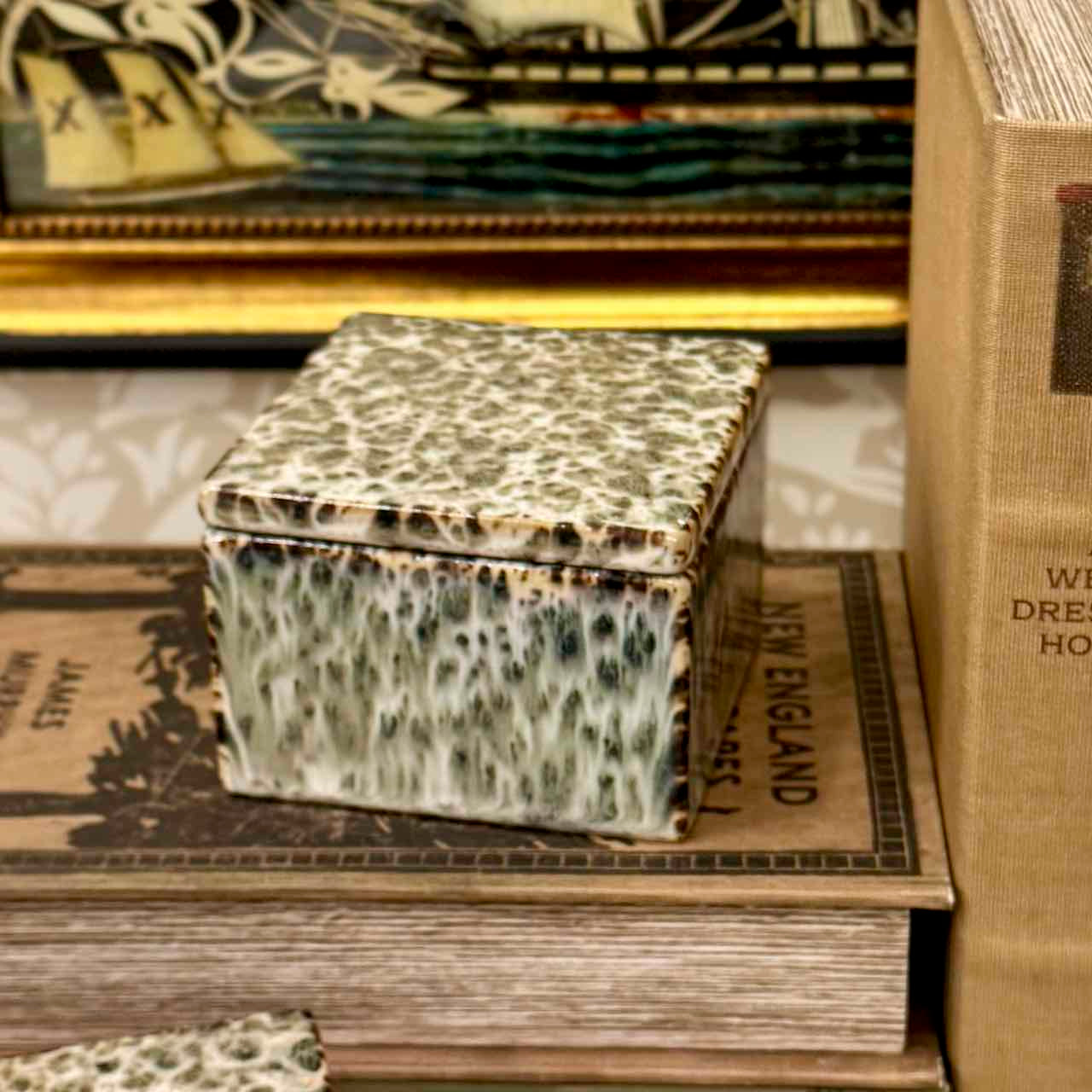 Decorative box with a speckled pattern on top of vintage books