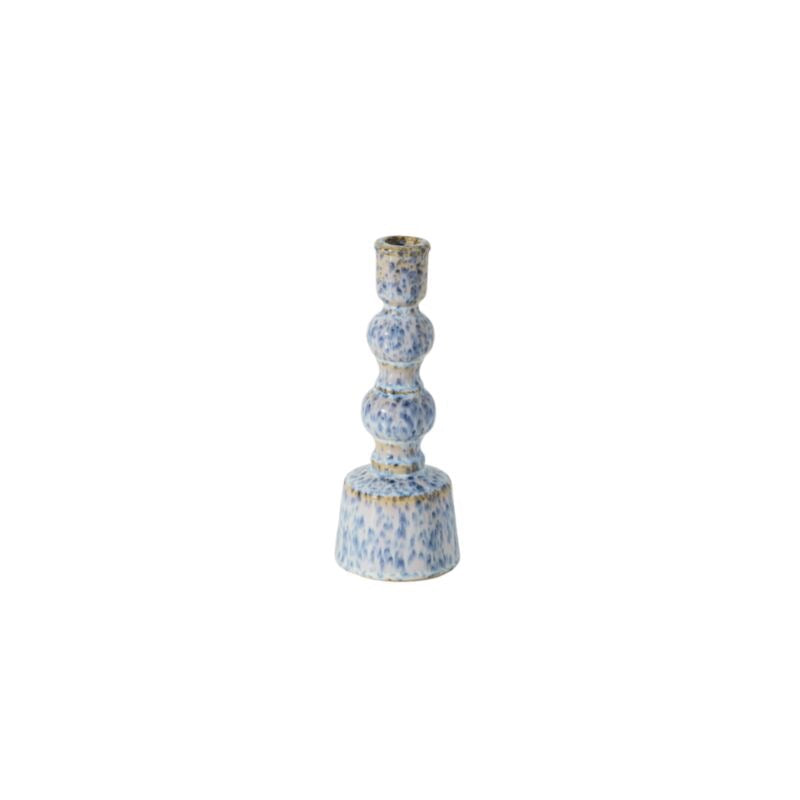 A small ceramic candlestick holder with a blue and white speckled glaze and subtle gold detailing, centered on a plain white background.