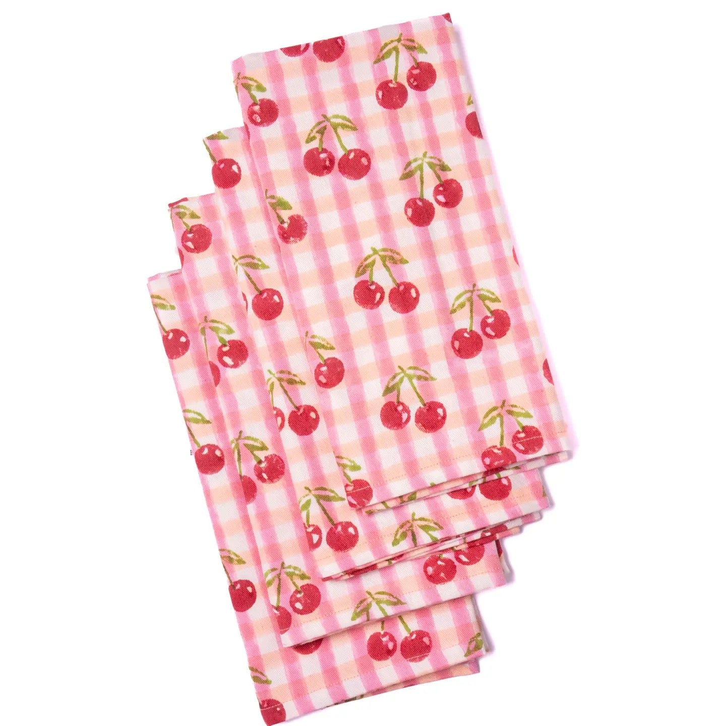Set of three pink checkered napkins with cherry pattern on a white background
