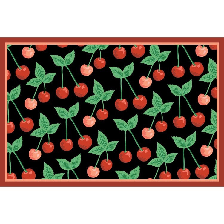 Pattern of red cherries and green leaves on a black background with a brown border.