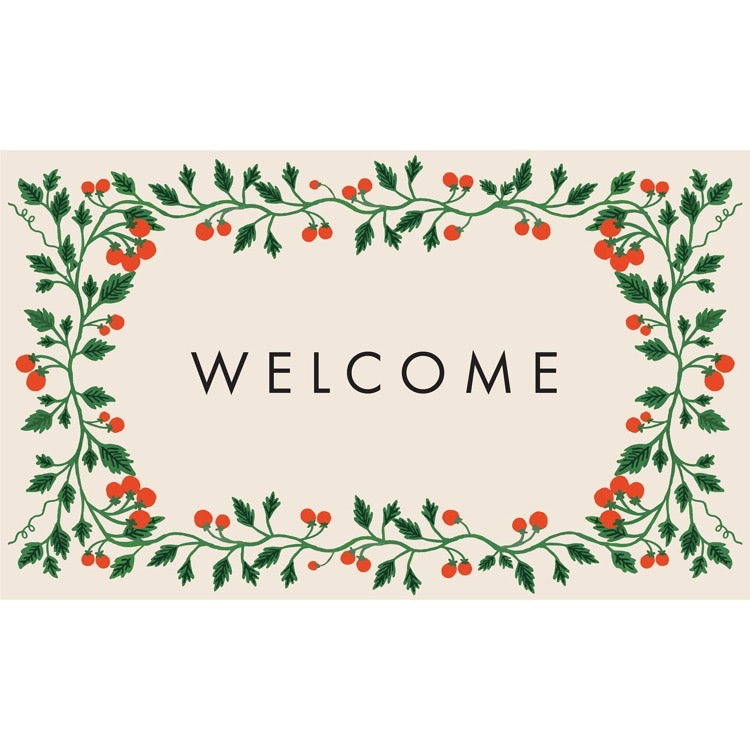 Decorative welcome mat with holly leaves and berries on a beige background