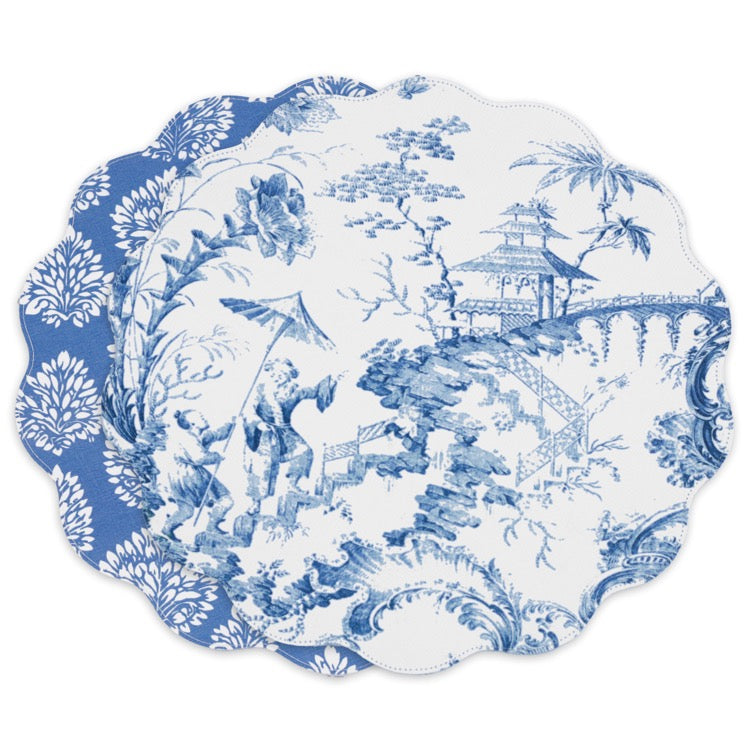 Decorative plate with blue and white chinoiserie design on a white background
