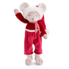 Plush toy mouse in a red outfit with a white hat on a white background