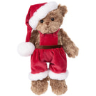 Plush teddy bear wearing a Santa outfit with red jumpsuit and hat on a white background