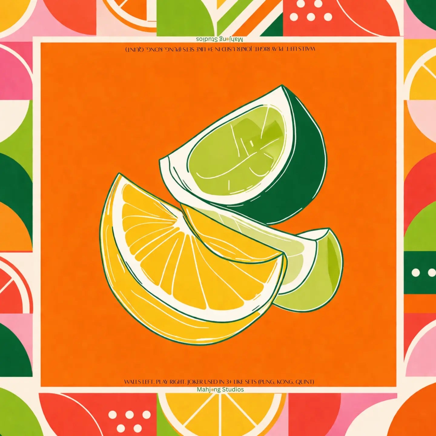 A colorful graphic illustration of citrus fruits, including orange slices and lime wedges, centered on a bright orange square. The artwork is framed by a multicolored abstract patterned border with geometric shapes and fruit motifs.
